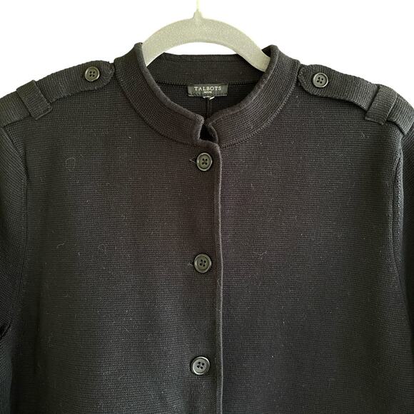 TALBOTS Sz L Petite ? Black Knit Blazer Cardigan Jacket Button Front Band Collar - Picture 2 of 7
